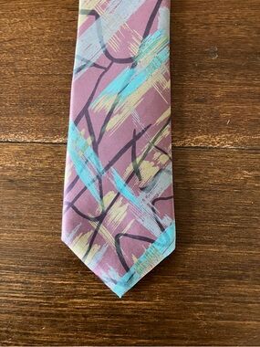 Vintage Lanvin Lilac, Tuquoise and Yellow Brushstroke Pattern Tie